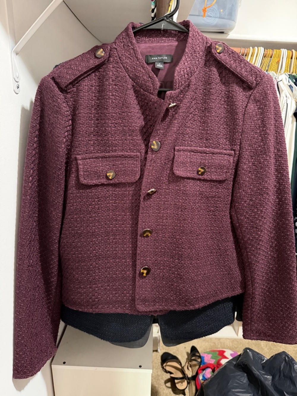 Ann Taylor Textured and Lined Cropped Military Jacket in Plum